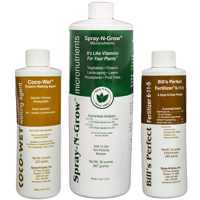 Coco-Wet Organic Wetting Agent 8 fluid ounce bottle, Spray-N-Grow Micronutrients 32 ounce bottle, Bill's Perfect Fertilizer 8 fluid ounce bottle (side by side)