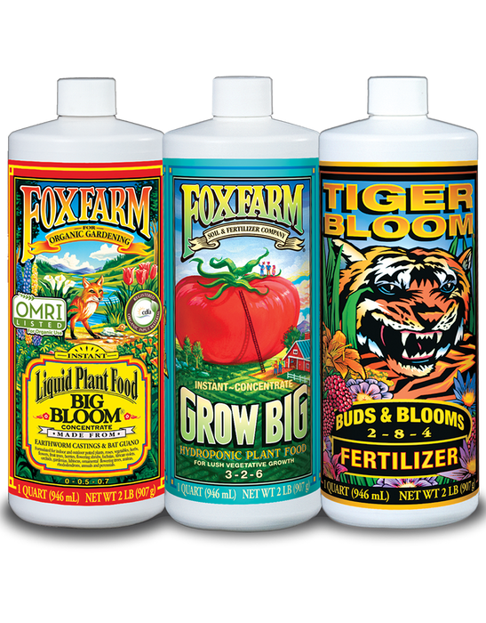 FoxFarm Big Bloom 32 ounce bottle, FoxFarm Grow Big Hydroponic Formula 32 ounce bottle, FoxFarm Tiger Bloom 32 ounce bottle