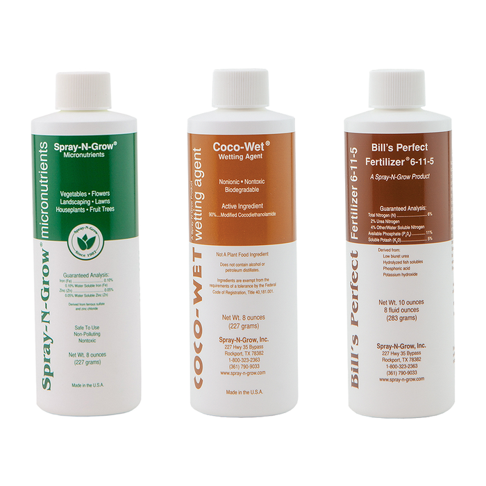 Spray-N-Grow Micronutrients 8 fluid ounce bottle, Coco-Wet Wetting Agent 8 fluid ounce bottle, Bill's Perfect Fertilizer 8 fluid ounce bottle (side by side)