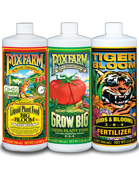 FoxFarm Big Bloom 32 ounce bottle, FoxFarm Grow Big 32 ounce bottle, FoxFarm Tiger Bloom 32 ounce bottle