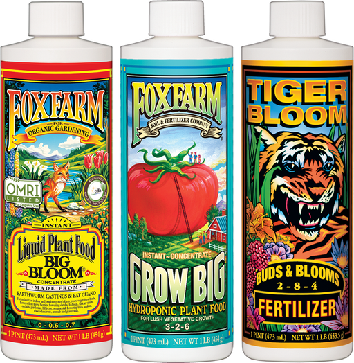 FoxFarm Big Bloom 16 ounce bottle, FoxFarm Grow Big Hydroponic Formula 16 ounce bottle, FoxFarm Tiger Bloom 16 ounce bottle