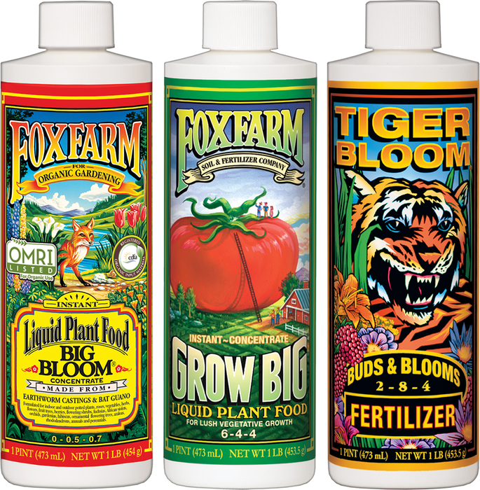 FoxFarm Big Bloom 16 ounce bottle, FoxFarm Grow Big 16 ounce bottle, FoxFarm Tiger Bloom 16 ounce bottle